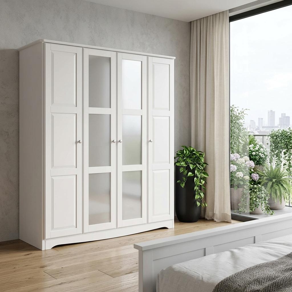 72" White Solid Wood Mirrored Four Door Combo Dresser