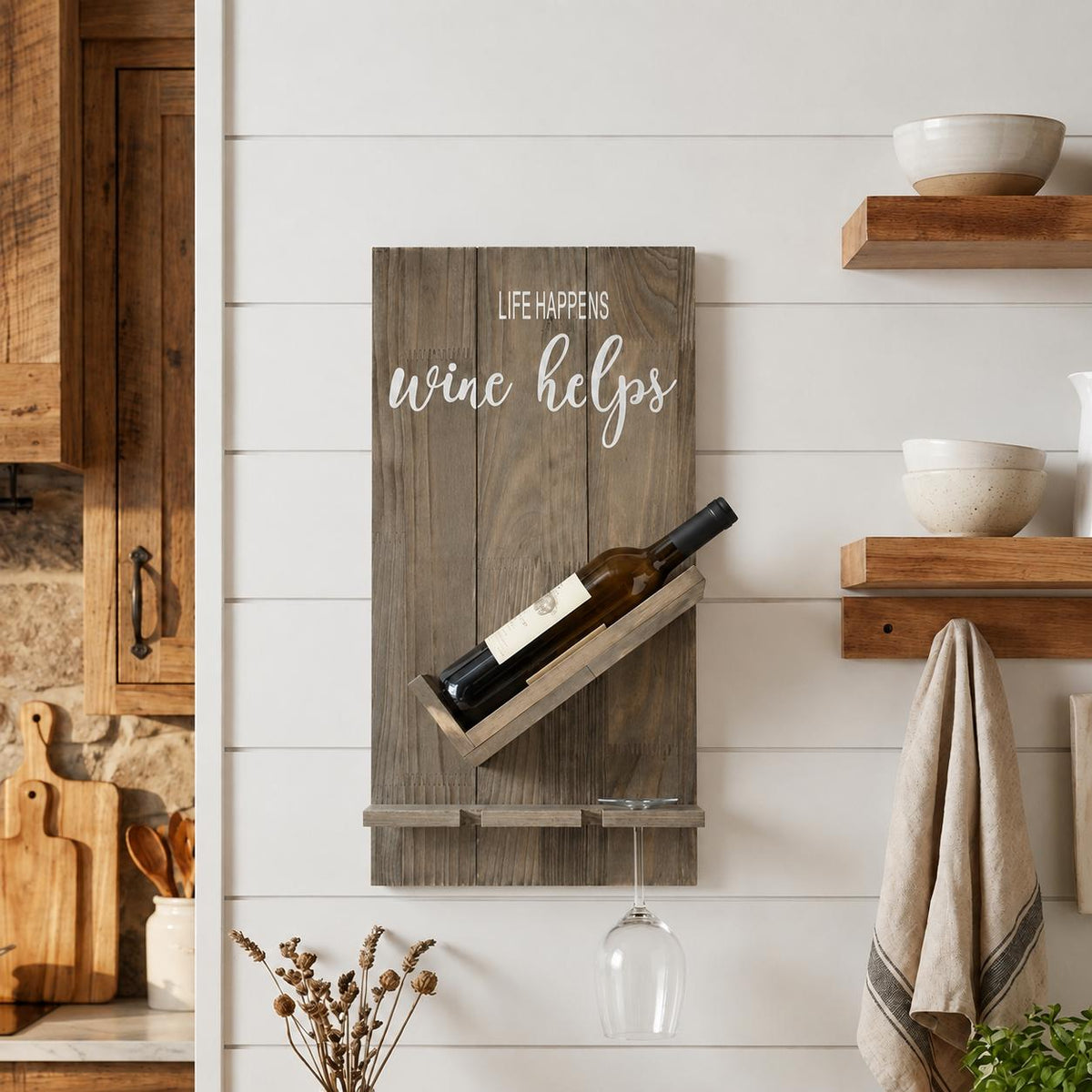 20" X 10" Gray Life Happens Wine Helps Rustic Wood Wall Decor