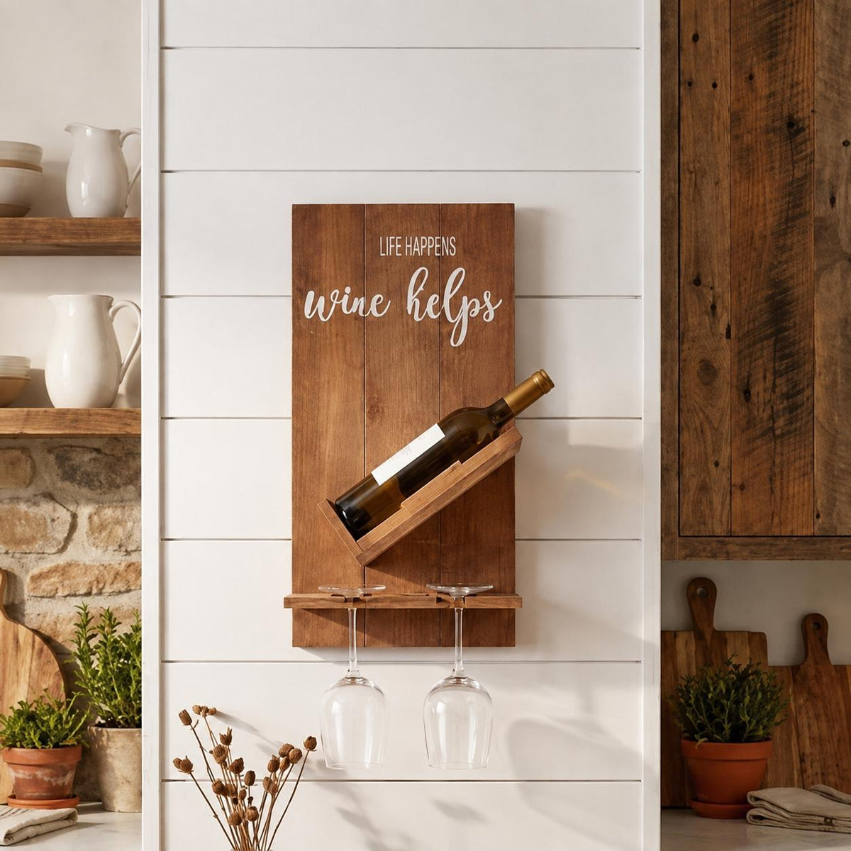 20" X 10" Brown Life Happens Wine Helps Rustic Wood Hanging Wall Decor - HomeRoots - Flyclothing LLC