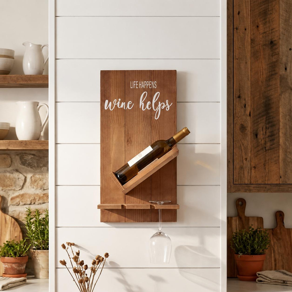20" X 10" Brown Life Happens Wine Helps Rustic Wood Hanging Wall Decor - HomeRoots - Flyclothing LLC