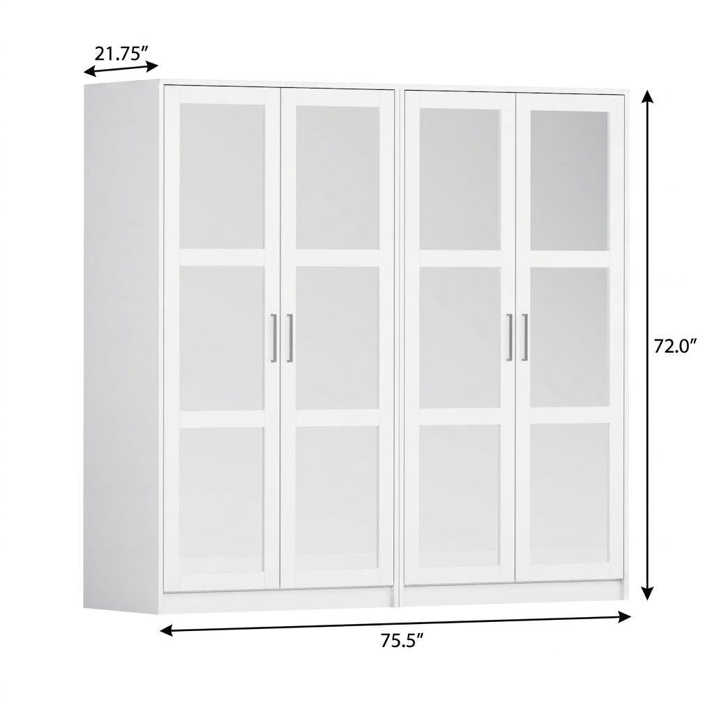 72" White Solid Wood Mirrored Four Door Combo Dresser