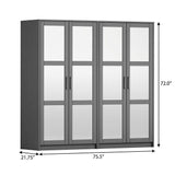72" Gray Solid Wood Mirrored Four Door Combo Dresser