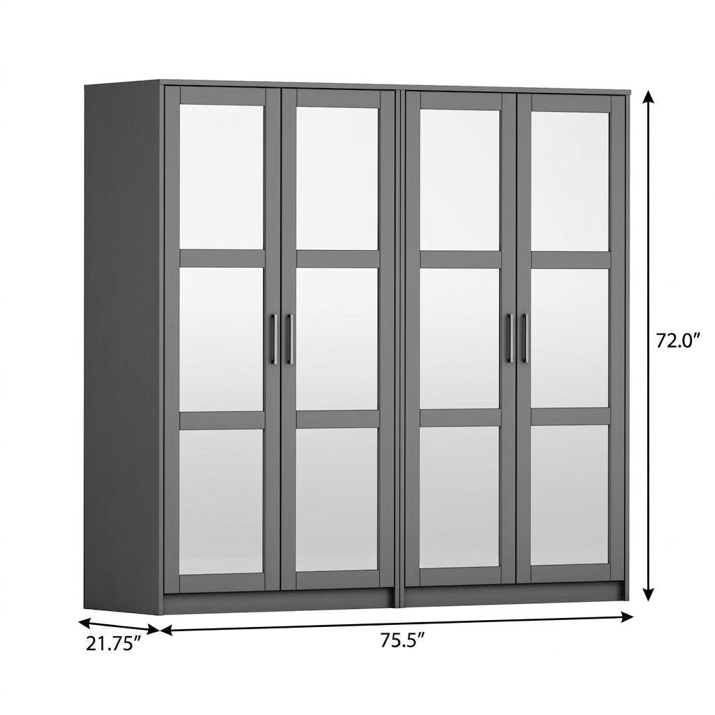 72" Gray Solid Wood Mirrored Four Door Combo Dresser