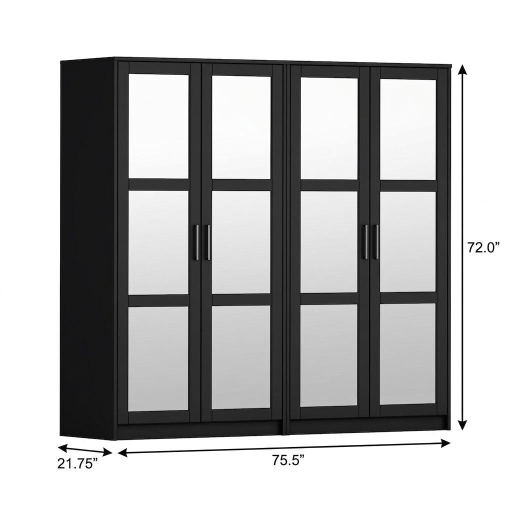 72" Black Solid Wood Mirrored Four Door Combo Dresser - HomeRoots - Flyclothing LLC