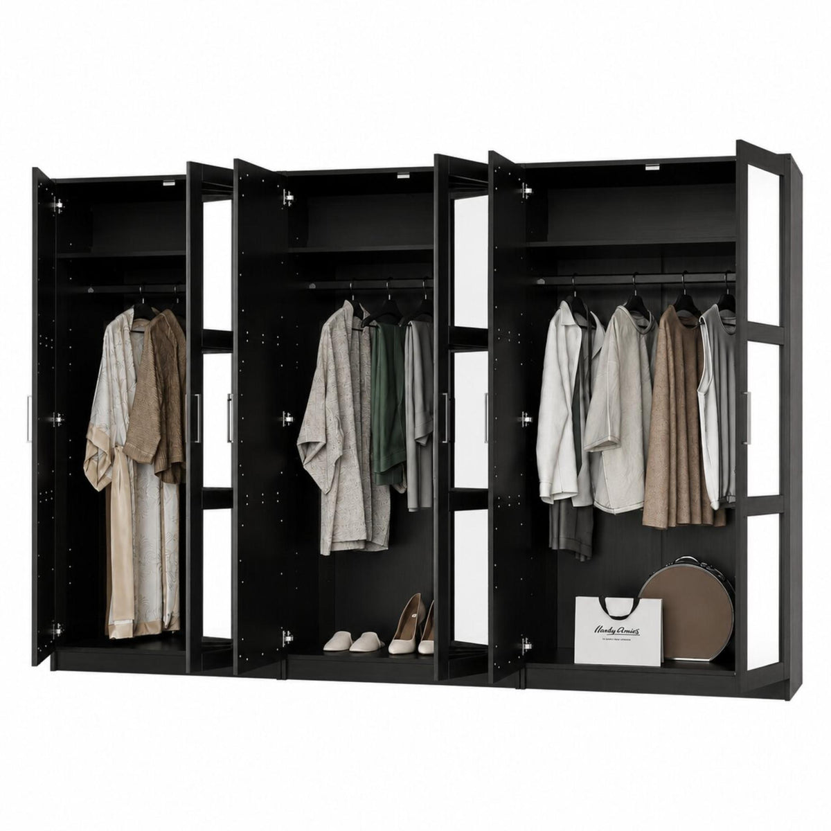 72" Black Solid Wood Mirrored Six Door Combo Dresser - HomeRoots - Flyclothing LLC