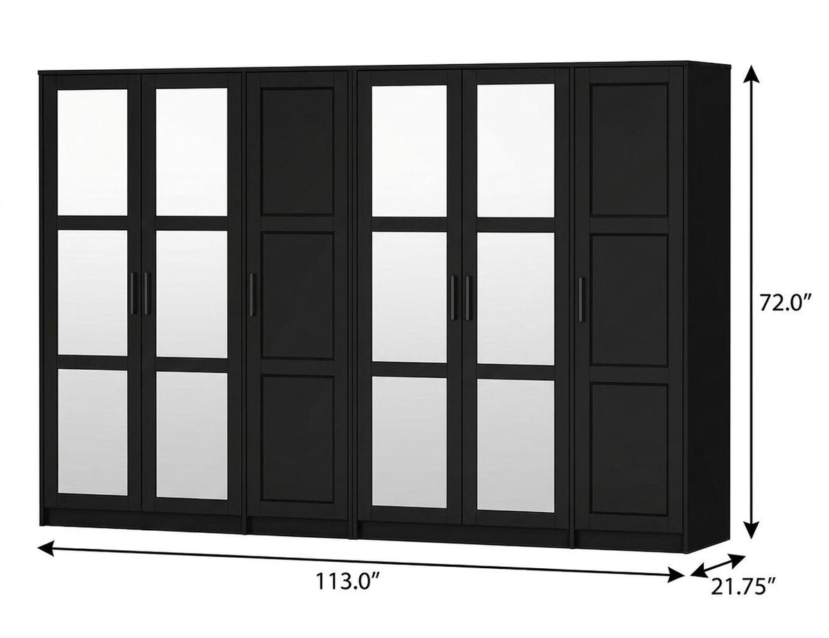 72" Black Solid Wood Mirrored Six Door Combo Dresser - HomeRoots - Flyclothing LLC