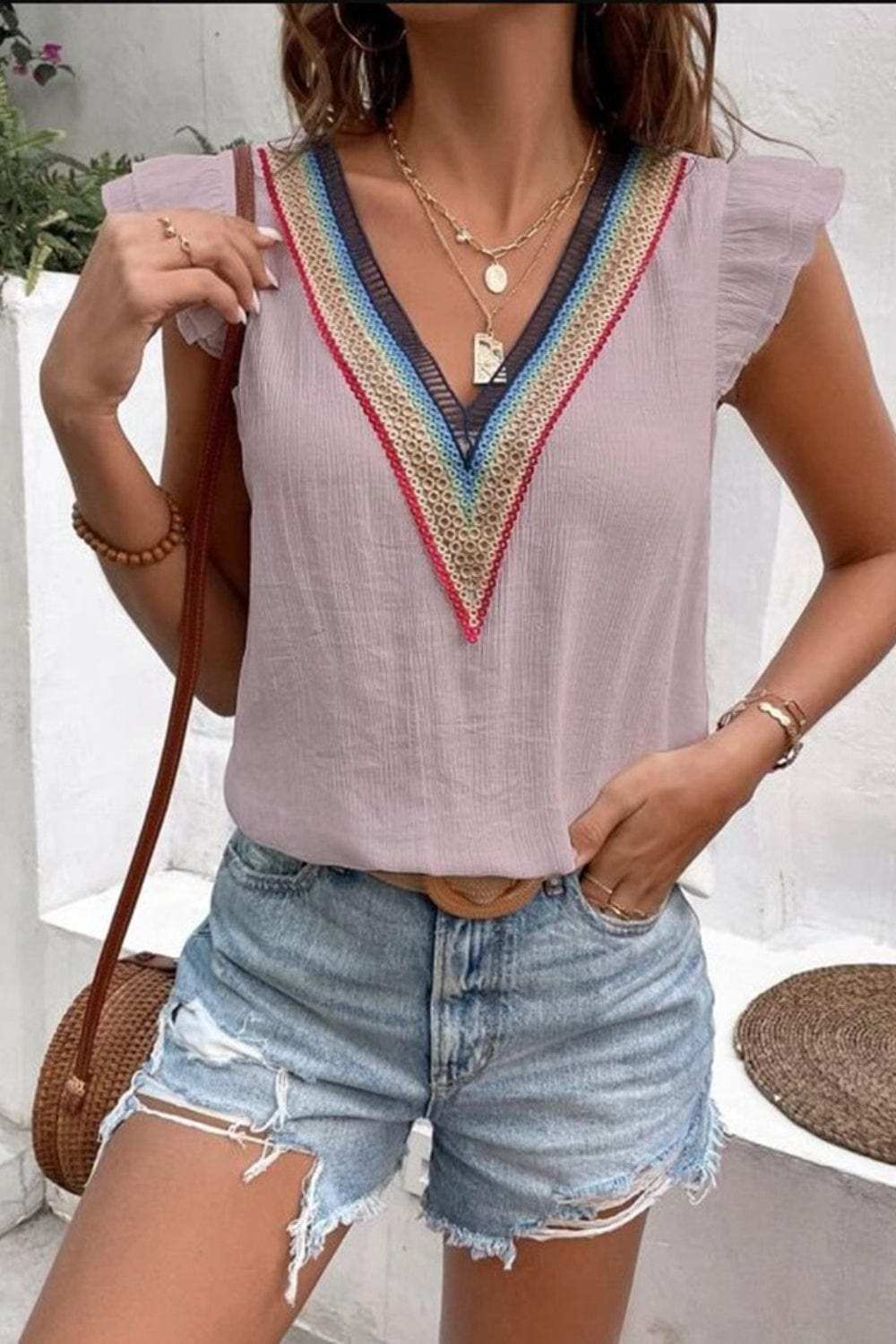 Full Size Ruffled V-Neck Cap Sleeve Blouse - Trendsi - Flyclothing LLC