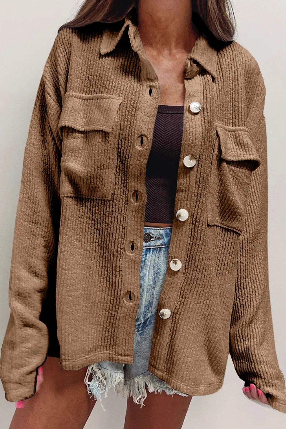 Button Up Long Sleeve Shacket - Trendsi - Flyclothing LLC