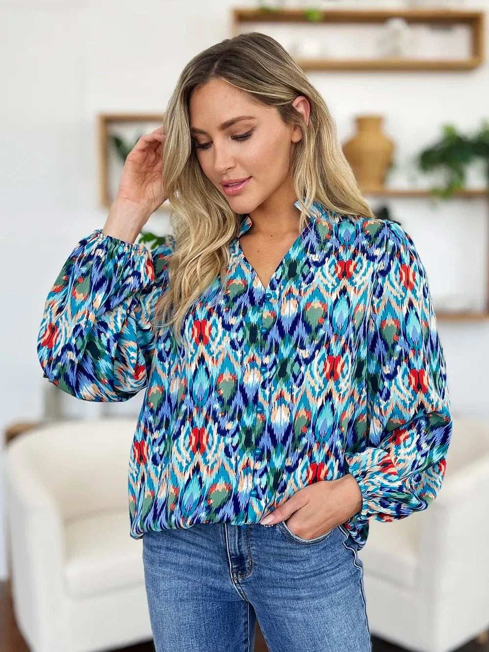 Double Take Full Size Printed Balloon Sleeve Blouse - Trendsi - Flyclothing LLC