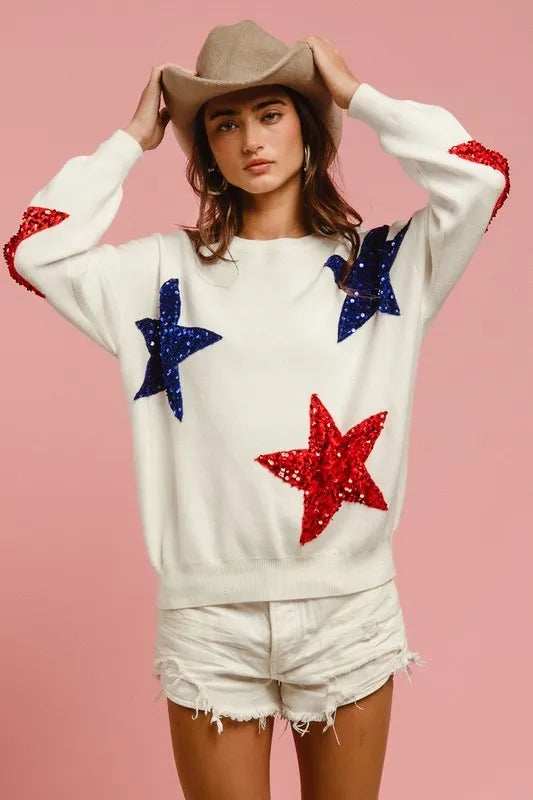 BiBi Velvet Sequin Star Patches Sweater Top - Trendsi - Flyclothing LLC