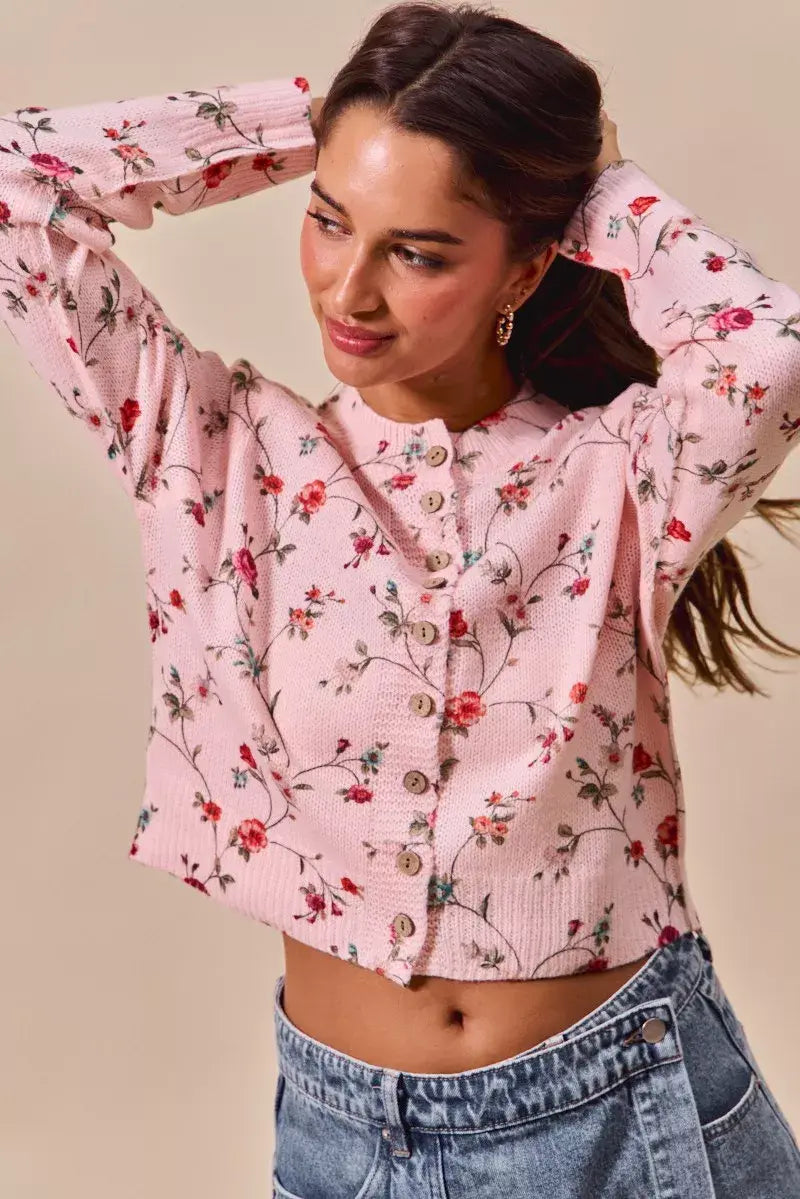 SO ME Floral Print Button Front Sweater Cardigan Top - Trendsi - Flyclothing LLC