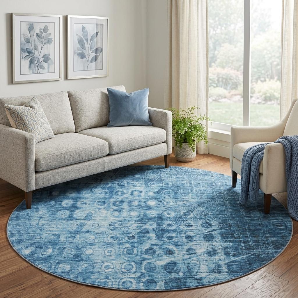 8' Blue And Taupe Ikat Shag Washable Round Rug With UV Protection - HomeRoots - Flyclothing LLC