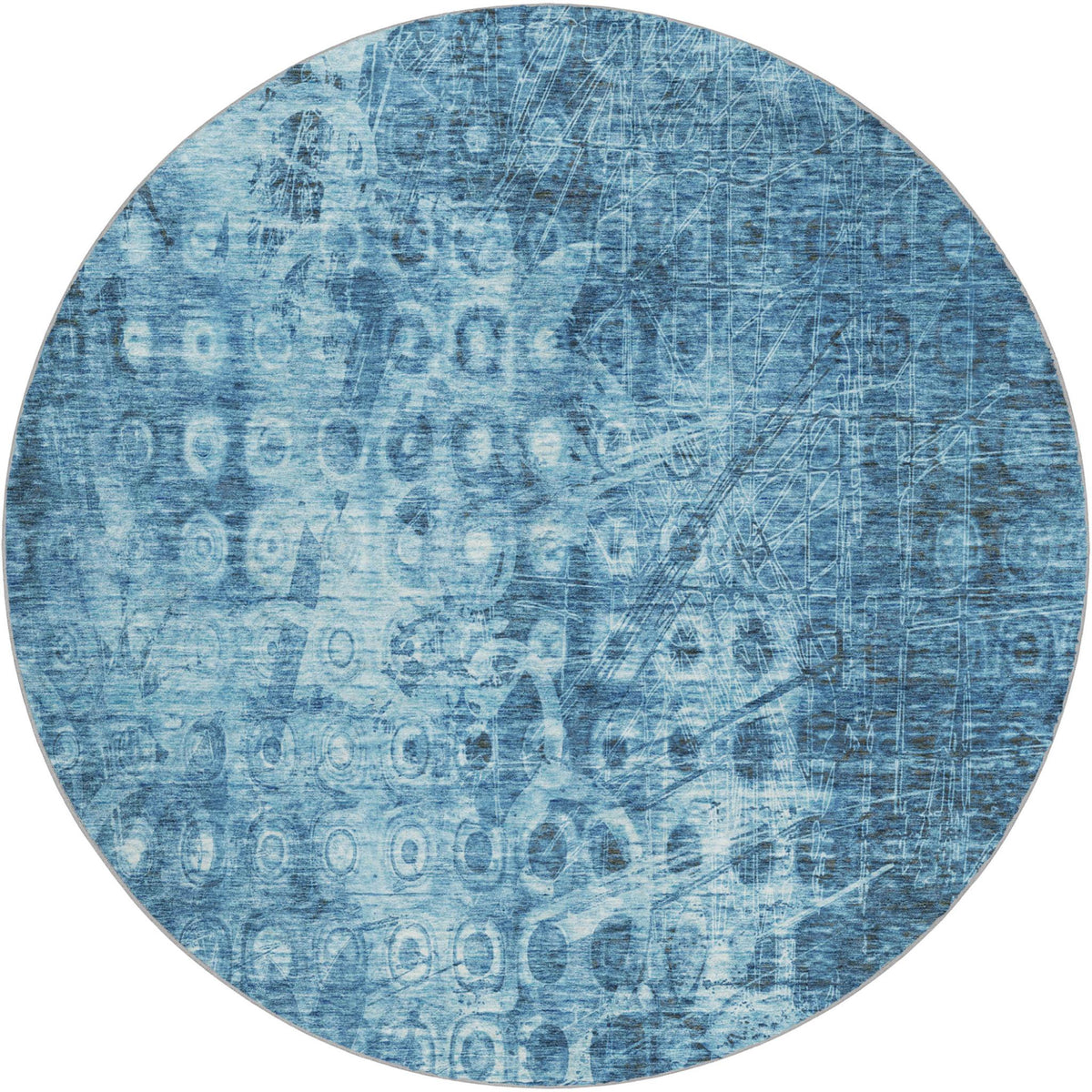 8' Blue And Taupe Ikat Shag Washable Round Rug With UV Protection - HomeRoots - Flyclothing LLC