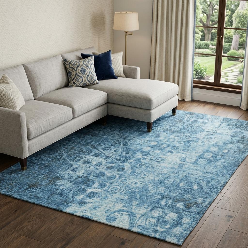 8' X 10' Blue And Taupe Ikat Shag Washable Area Rug With UV Protection