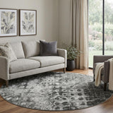8' Charcoal And Ivory Ikat Shag Washable Round Rug With UV Protection - HomeRoots - Flyclothing LLC