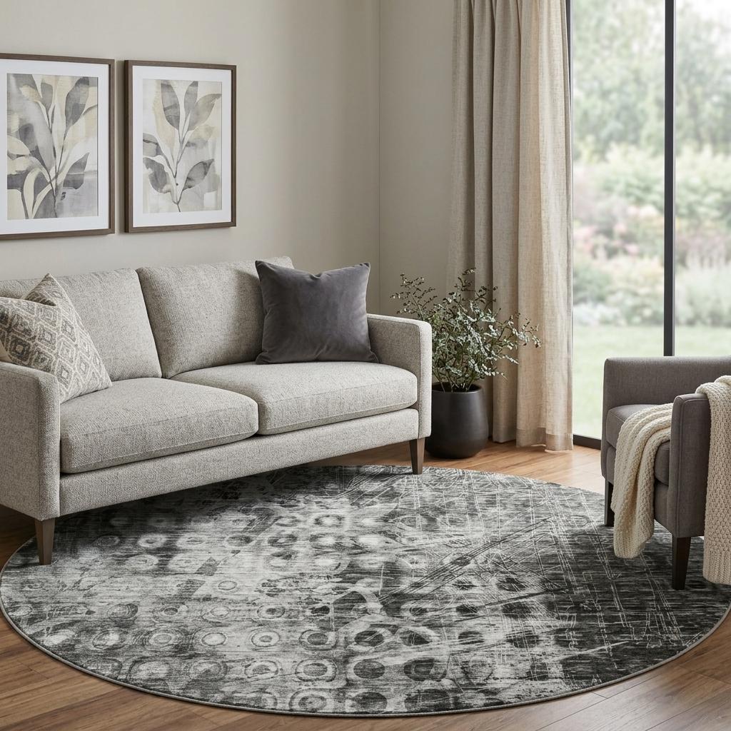 8' Charcoal And Ivory Ikat Shag Washable Round Rug With UV Protection - HomeRoots - Flyclothing LLC