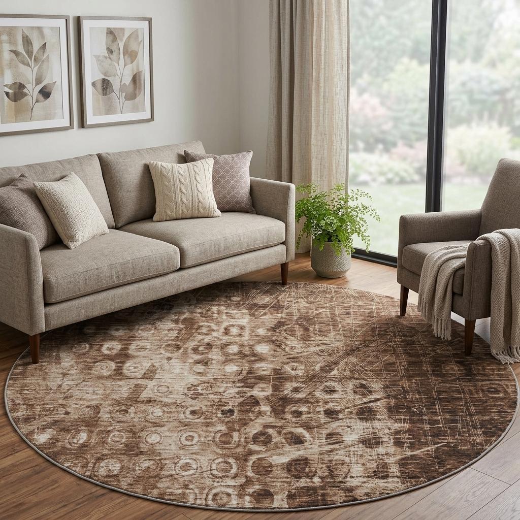 8' Chocolate And Beige Ikat Shag Washable Round Rug With UV Protection - HomeRoots - Flyclothing LLC