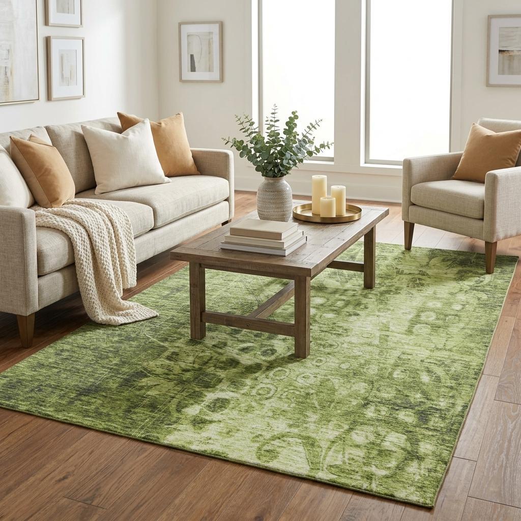 5' X 8' Olive Green And Taupe Ikat Shag Washable Area Rug With UV Protection - HomeRoots - Flyclothing LLC