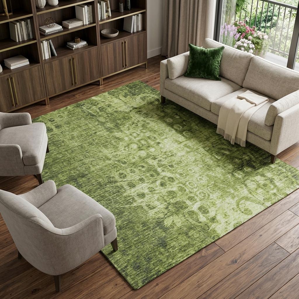 8' X 10' Olive Green And Taupe Ikat Shag Washable Area Rug With UV Protection - HomeRoots - Flyclothing LLC