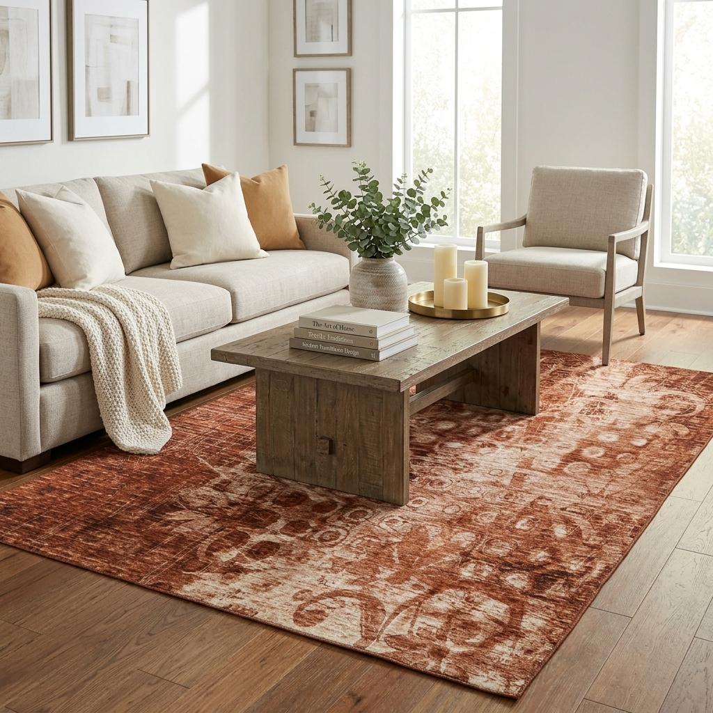 5' X 8' Orange And Taupe Ikat Shag Washable Area Rug With UV Protection - HomeRoots - Flyclothing LLC