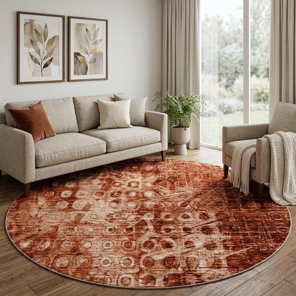 8' Orange And Taupe Ikat Shag Washable Round Rug With UV Protection - HomeRoots - Flyclothing LLC