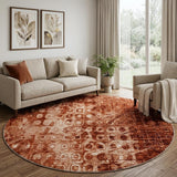 8' Orange And Taupe Ikat Shag Washable Round Rug With UV Protection - HomeRoots - Flyclothing LLC