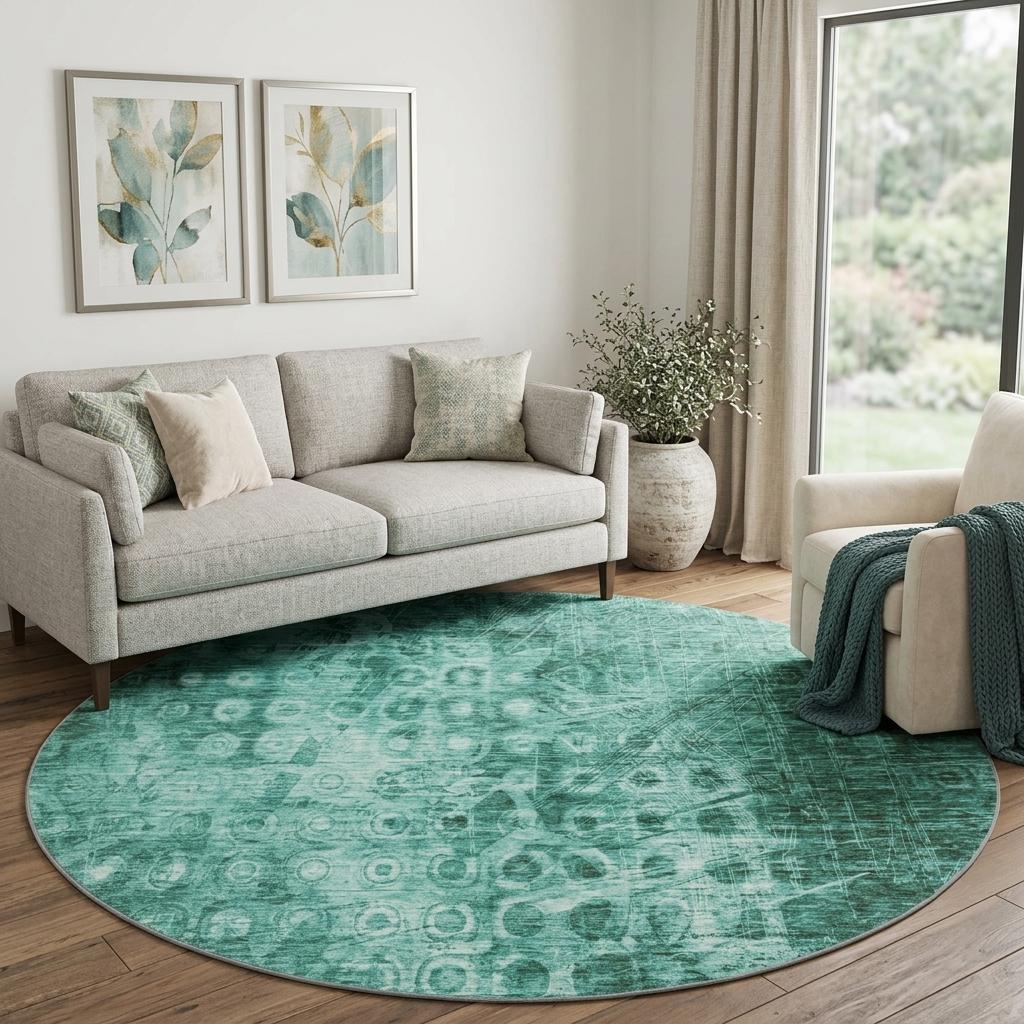 8' Teal And Ivory Ikat Shag Washable Round Rug With UV Protection - HomeRoots - Flyclothing LLC