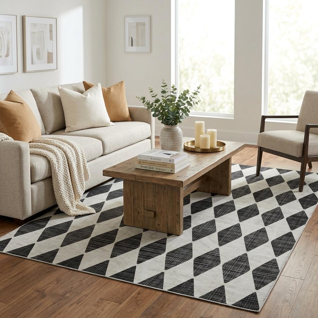 5' X 8' Black And Ivory Geometric Shag Washable Area Rug With UV Protection - HomeRoots - Flyclothing LLC