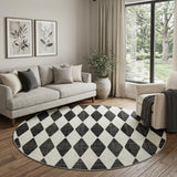 8' Black And Ivory Geometric Shag Washable Round Rug With UV Protection - HomeRoots - Flyclothing LLC