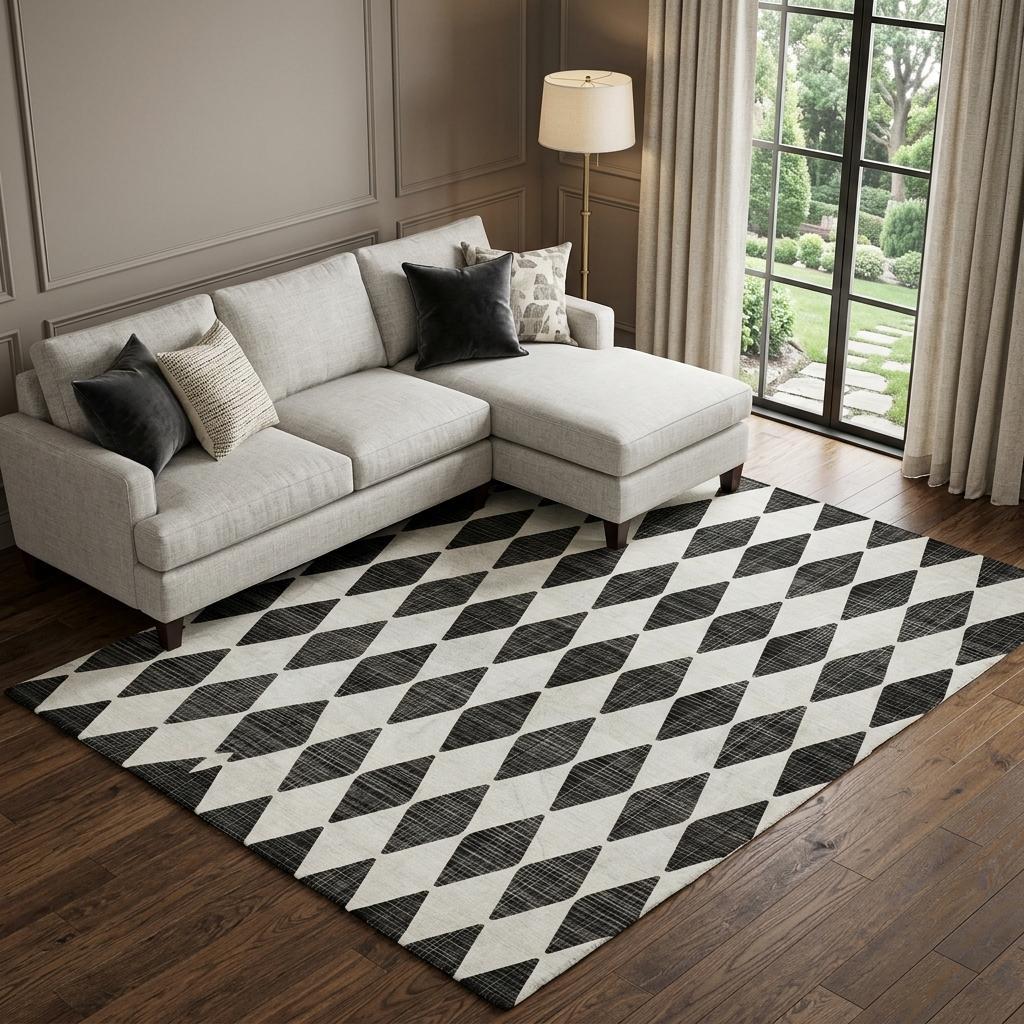 9' X 12' Black And Ivory Geometric Shag Washable Area Rug With UV Protection - HomeRoots - Flyclothing LLC