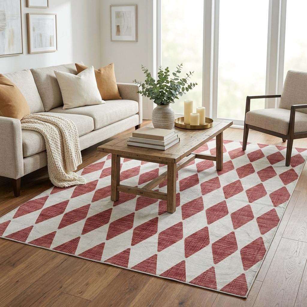5' X 8' Burgundy And Ivory Geometric Shag Washable Area Rug With UV Protection - HomeRoots - Flyclothing LLC
