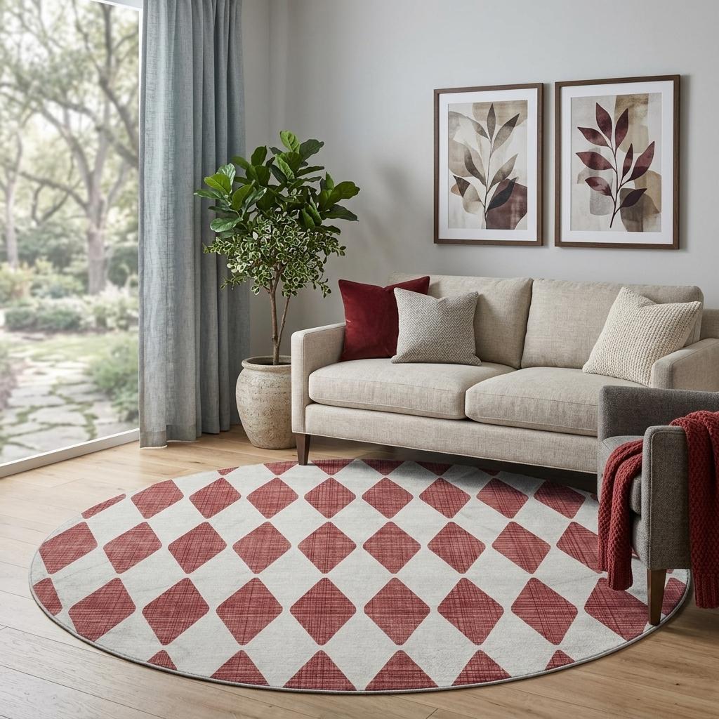 8' Burgundy And Ivory Geometric Shag Washable Round Rug With UV Protection - HomeRoots - Flyclothing LLC