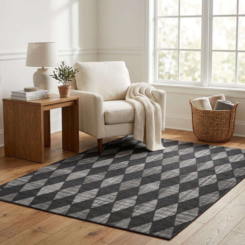 5' X 8' Charcoal And Gray Geometric Shag Washable Area Rug With UV Protection - HomeRoots - Flyclothing LLC