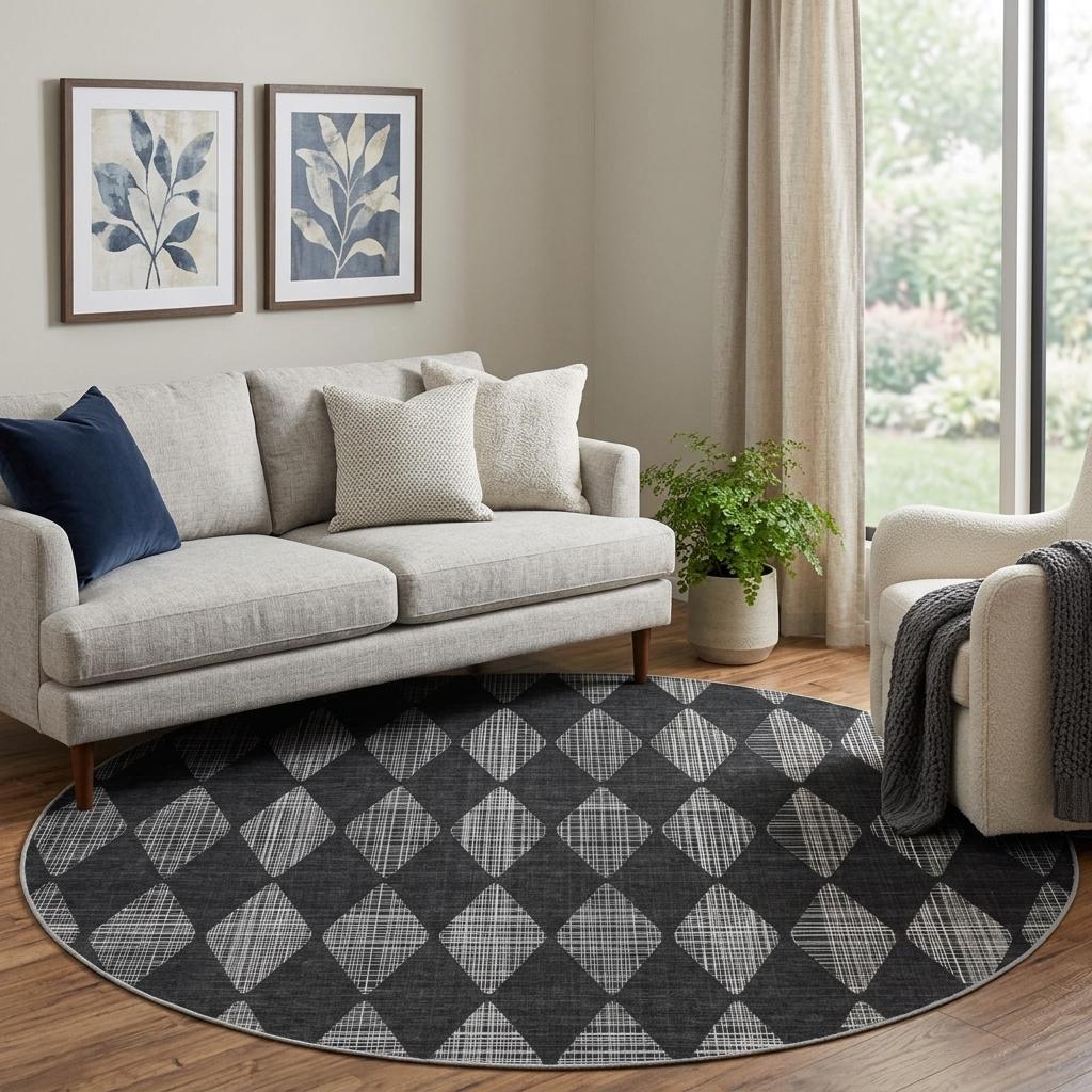 8' Charcoal And Gray Geometric Shag Washable Round Rug With UV Protection - HomeRoots - Flyclothing LLC