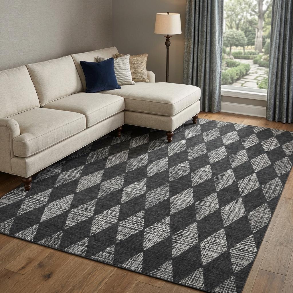 8' X 10' Charcoal And Gray Geometric Shag Washable Area Rug With UV Protection - HomeRoots - Flyclothing LLC