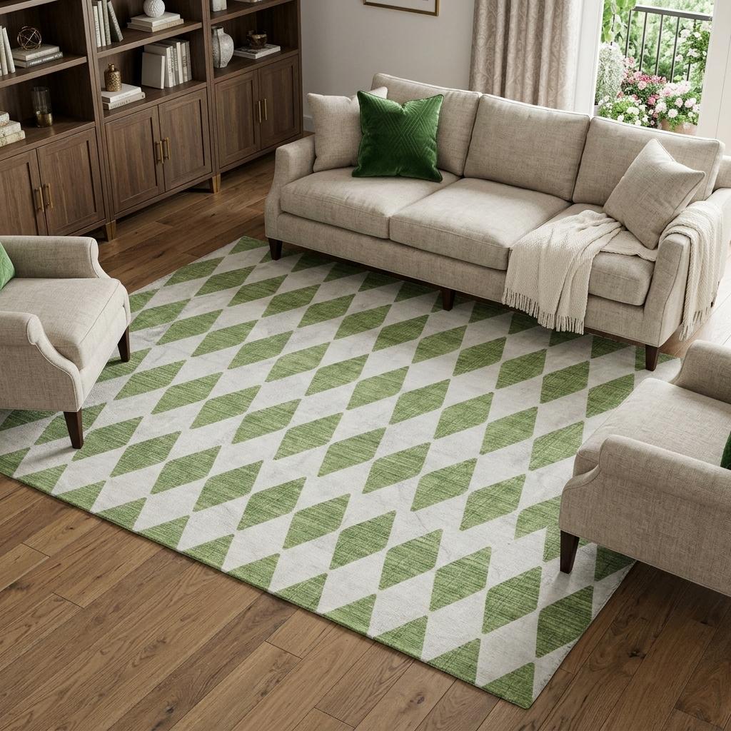 8' X 10' Green And Ivory Geometric Shag Washable Area Rug With UV Protection - HomeRoots - Flyclothing LLC