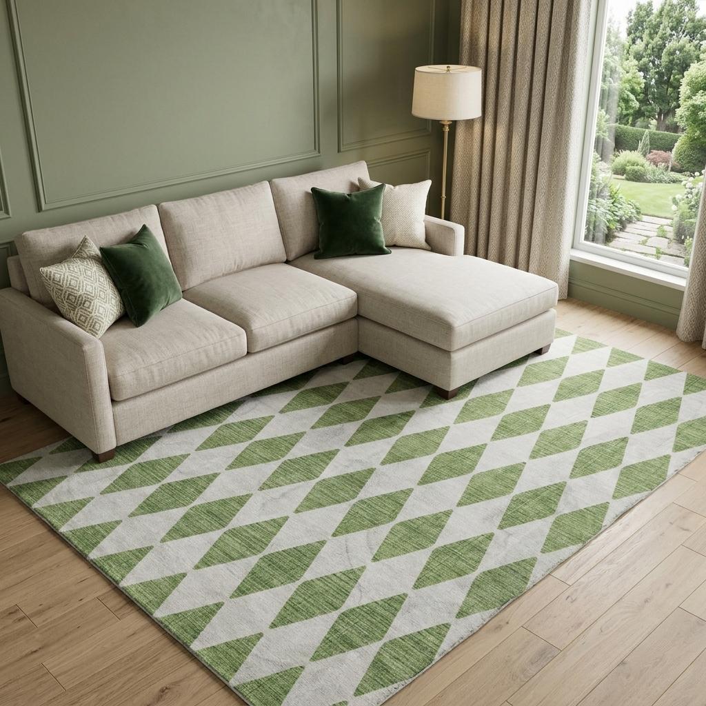 9' X 12' Green And Ivory Geometric Shag Washable Area Rug With UV Protection - HomeRoots - Flyclothing LLC