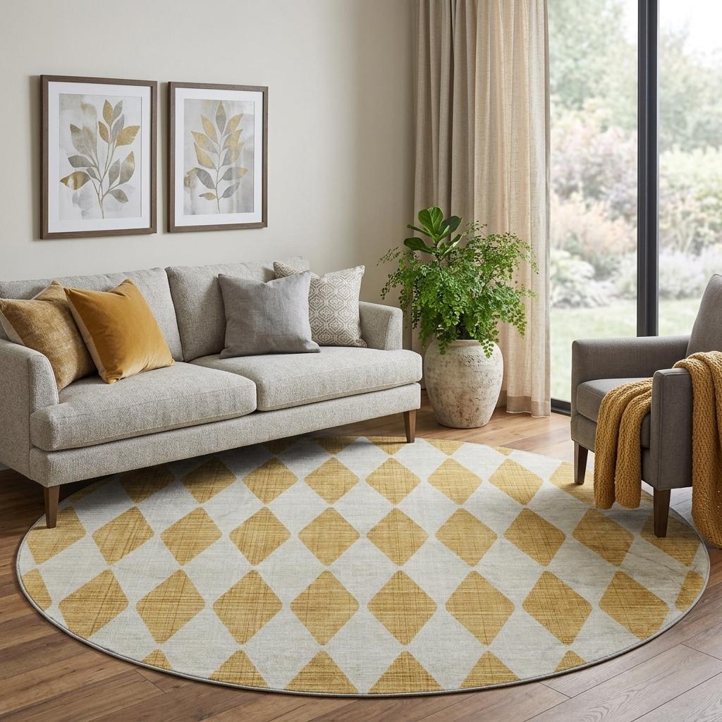 8' Gold And Ivory Geometric Shag Washable Round Rug With UV Protection - HomeRoots - Flyclothing LLC