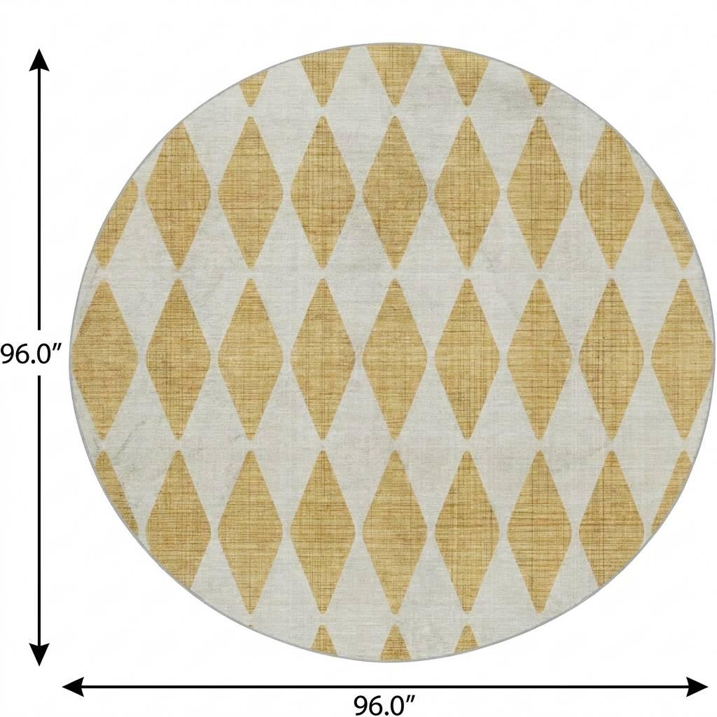 8' Gold And Ivory Geometric Shag Washable Round Rug With UV Protection - HomeRoots - Flyclothing LLC