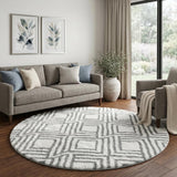 8' Gray And Ivory Geometric Shag Washable Round Rug With UV Protection - HomeRoots - Flyclothing LLC