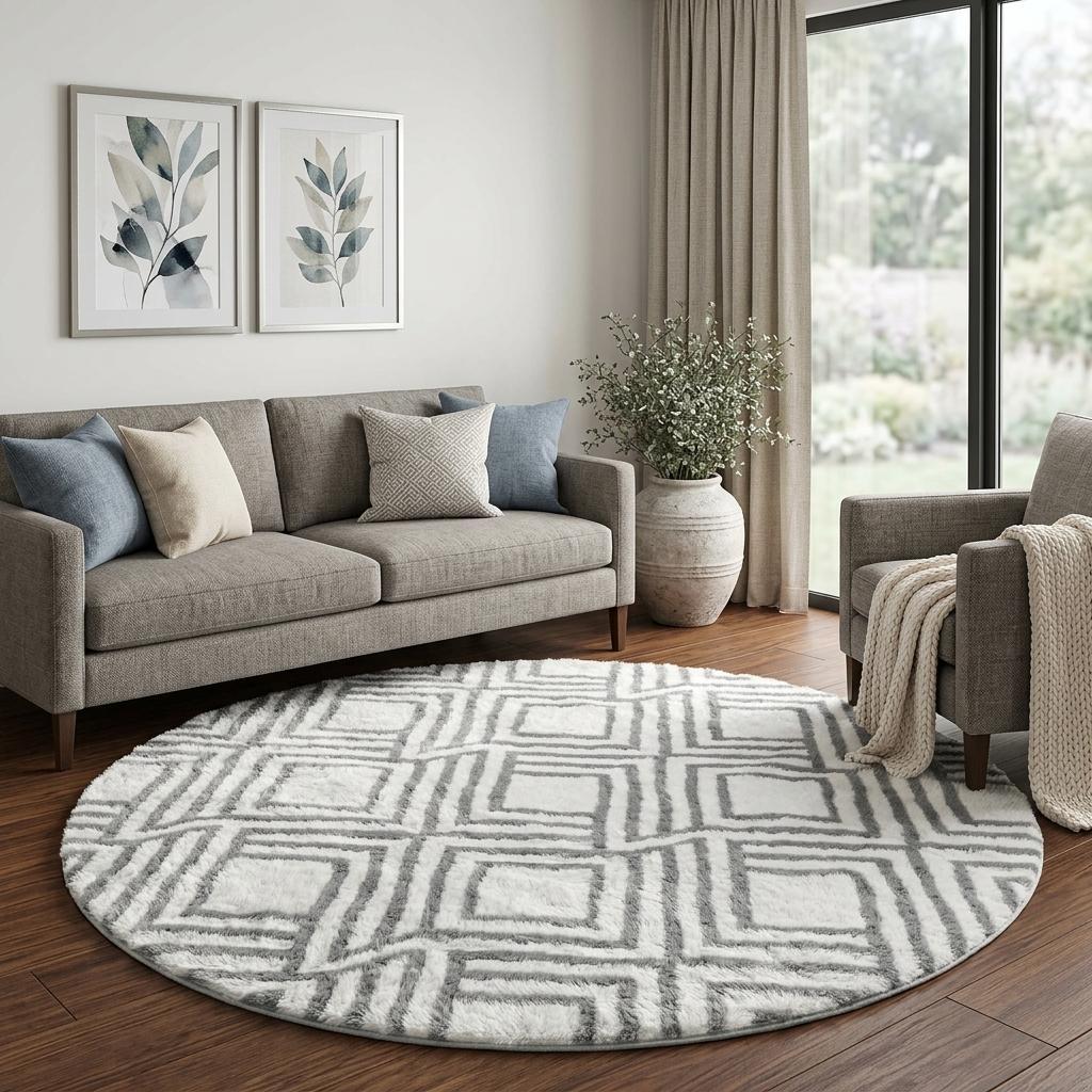 8' Gray And Ivory Geometric Shag Washable Round Rug With UV Protection - HomeRoots - Flyclothing LLC