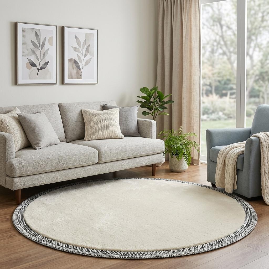 8' Ivory And Beige Geometric Shag Washable Round Rug With UV Protection - HomeRoots - Flyclothing LLC