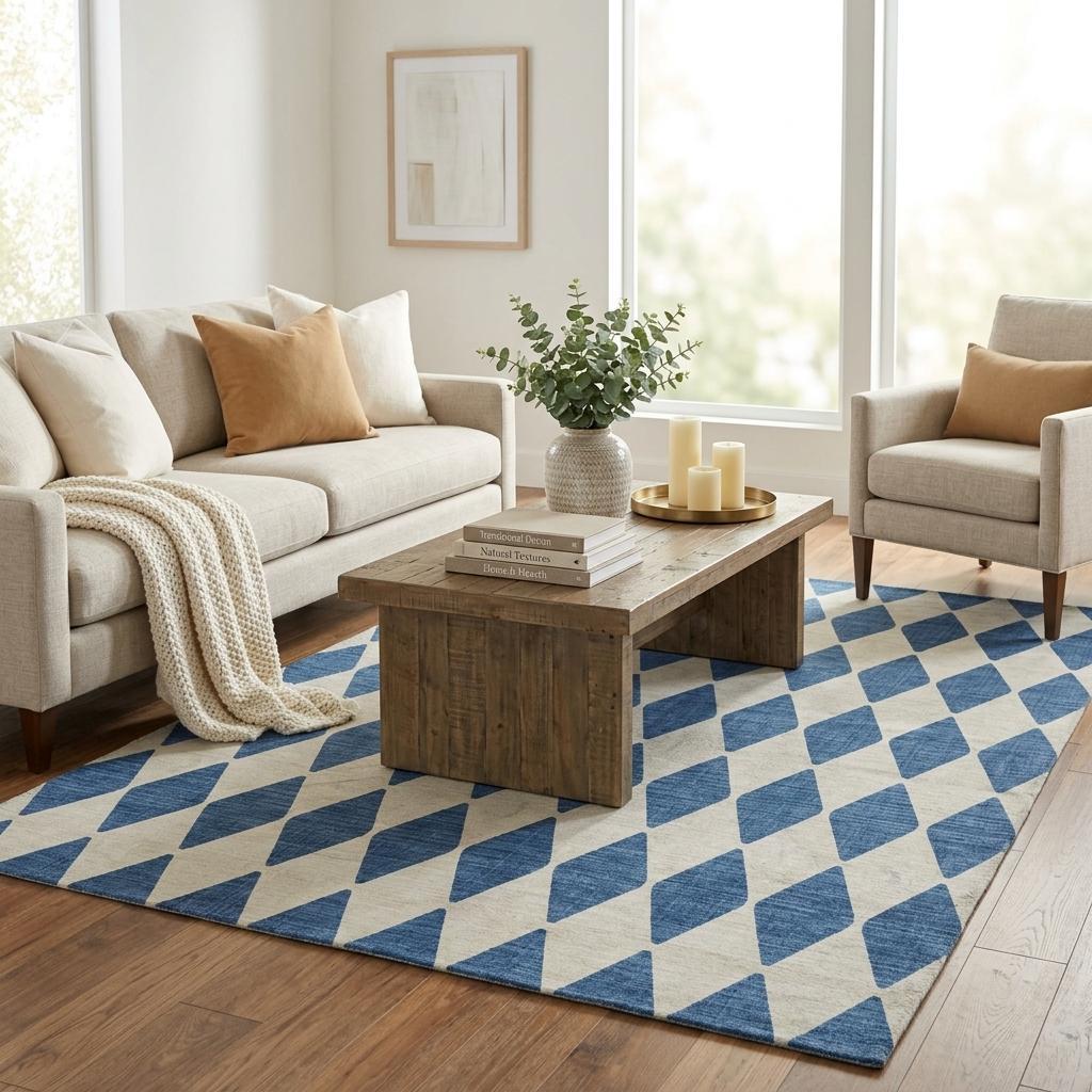 5' X 8' Navy Blue And Ivory Geometric Shag Washable Area Rug With UV Protection