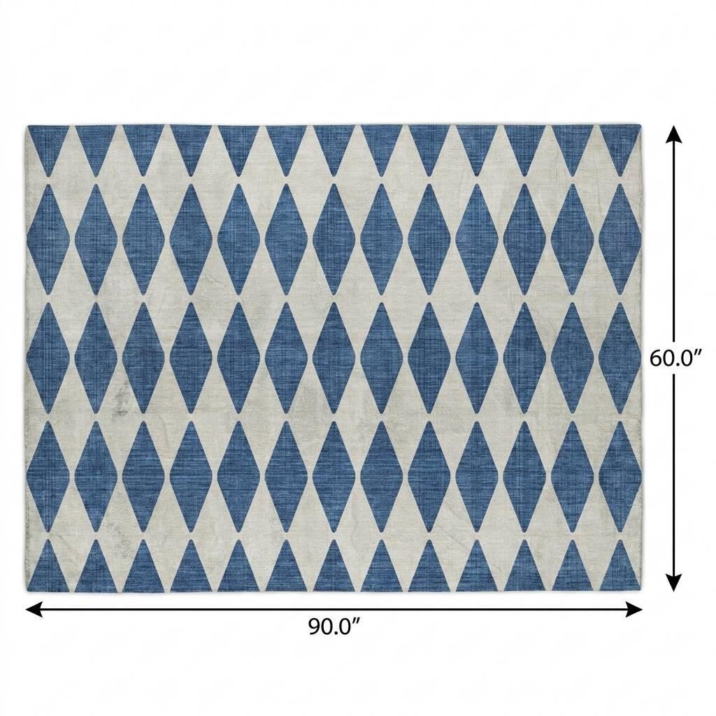 5' X 8' Navy Blue And Ivory Geometric Shag Washable Area Rug With UV Protection