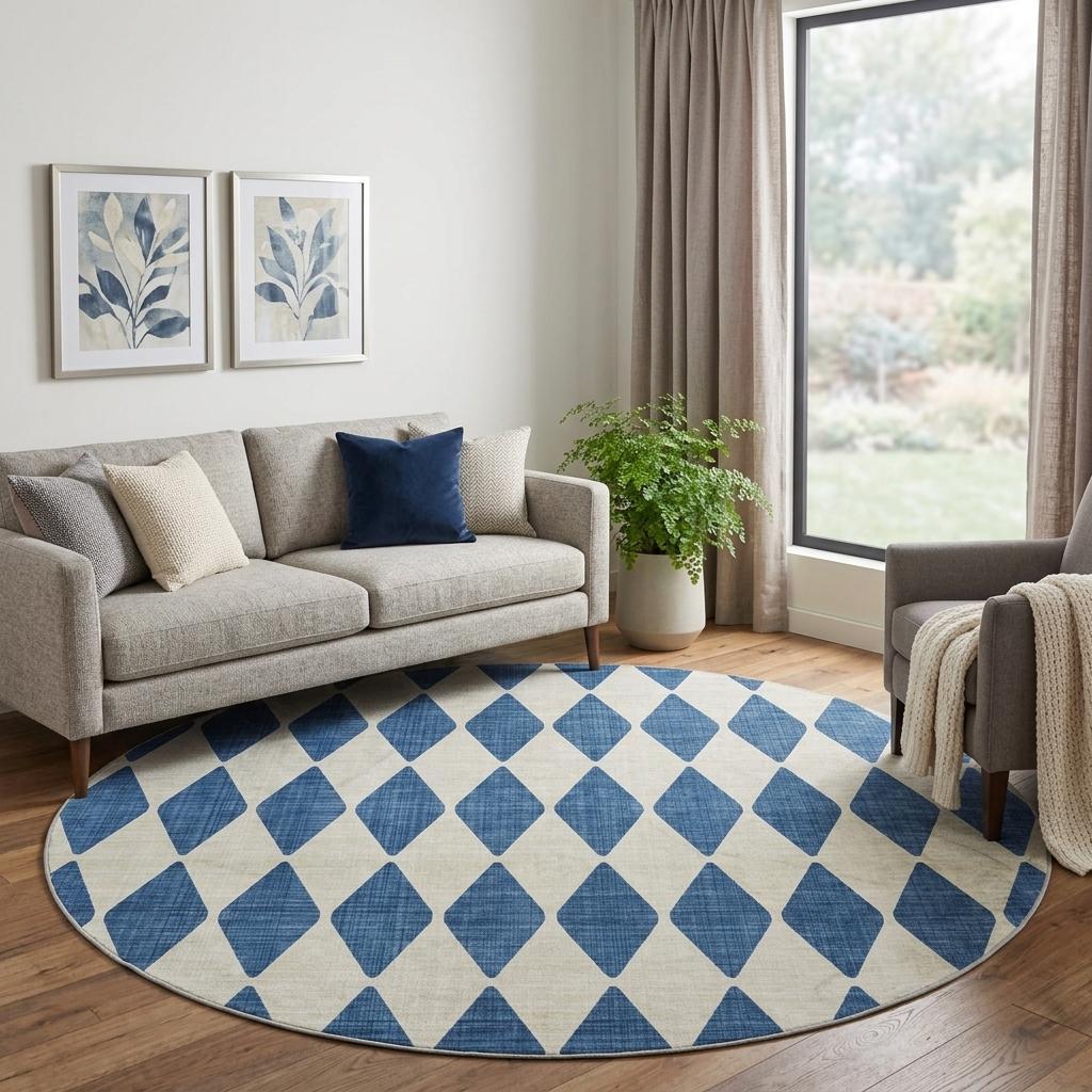 8' Navy Blue And Ivory Geometric Shag Washable Round Rug With UV Protection - HomeRoots - Flyclothing LLC