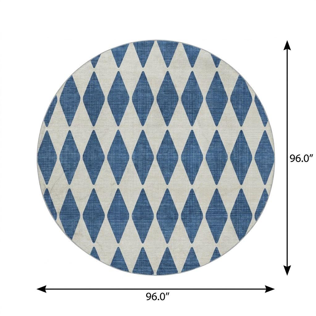 8' Navy Blue And Ivory Geometric Shag Washable Round Rug With UV Protection - HomeRoots - Flyclothing LLC