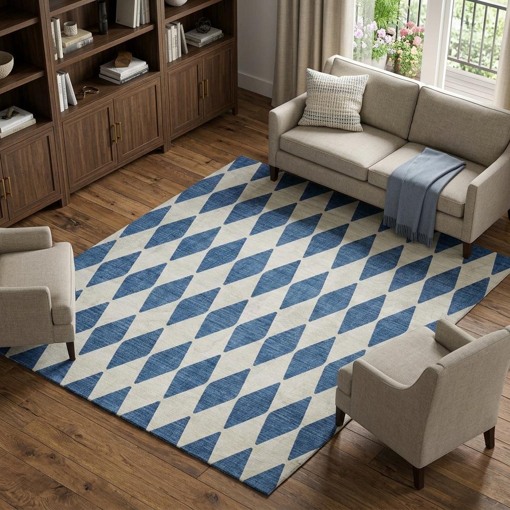 9' X 12' Navy Blue And Ivory Geometric Shag Washable Area Rug With UV Protection - HomeRoots - Flyclothing LLC