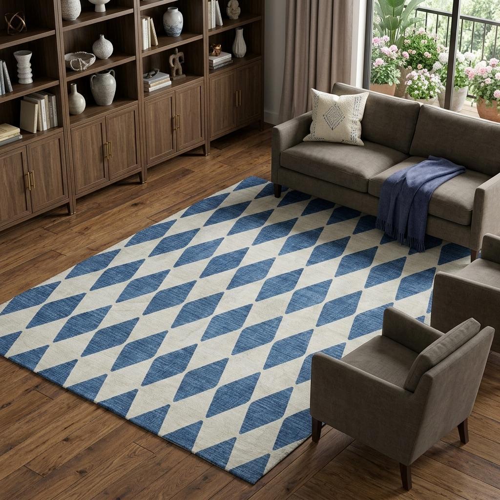 10' X 14' Navy Blue And Ivory Geometric Shag Washable Area Rug With UV Protection - HomeRoots - Flyclothing LLC
