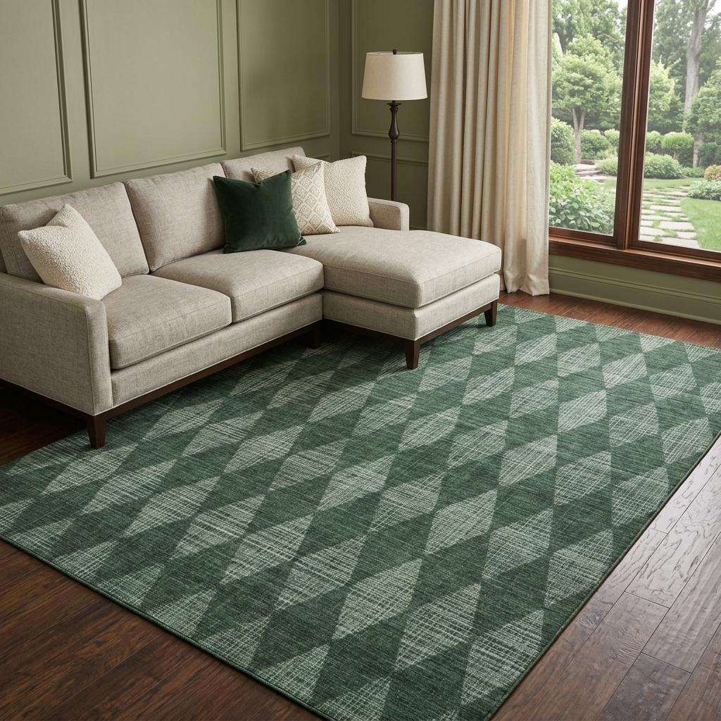 10' X 14' Olive Green And Charcoal Geometric Shag Washable Area Rug With UV Protection - HomeRoots - Flyclothing LLC