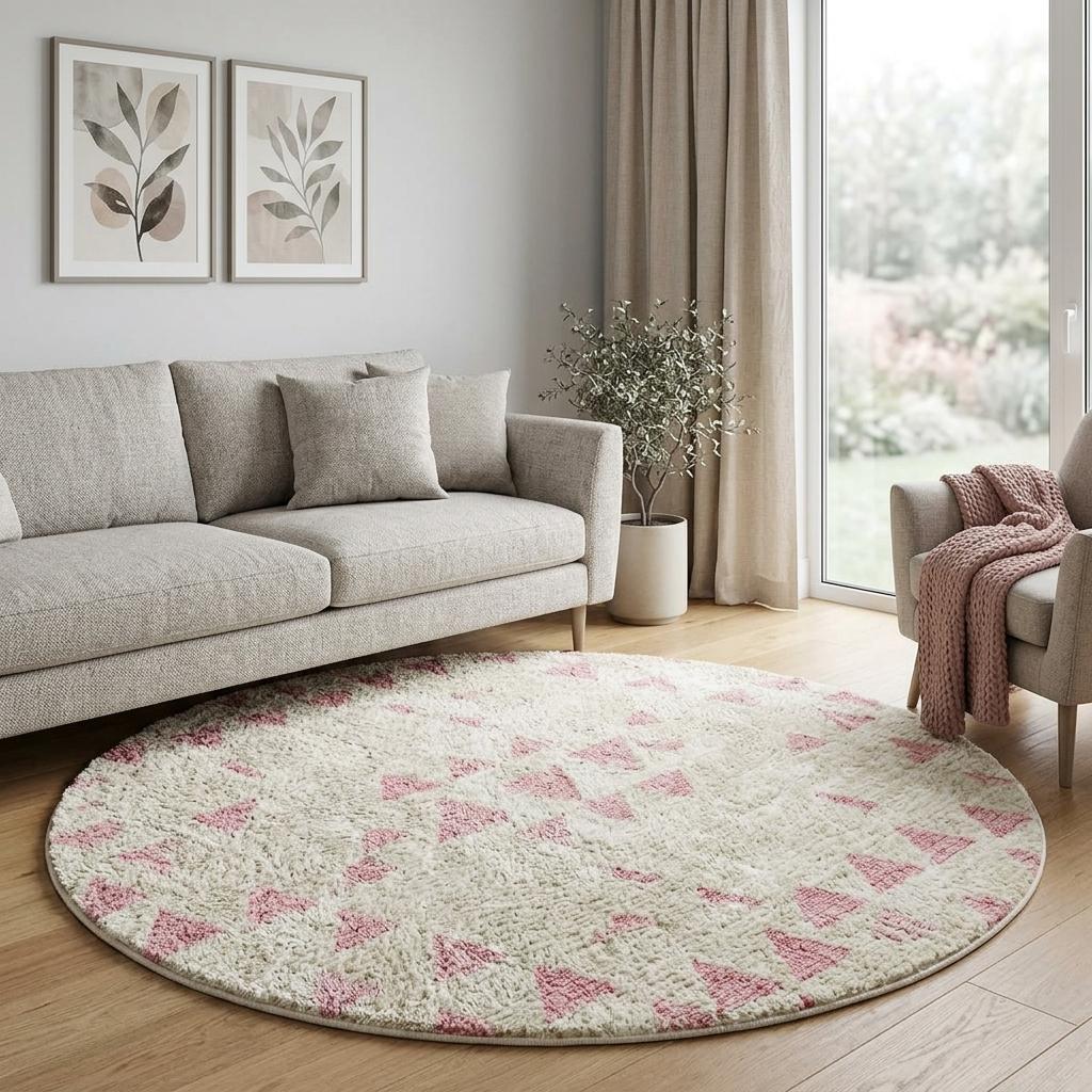 8' Pink And Ivory Geometric Shag Washable Round Rug With UV Protection - HomeRoots - Flyclothing LLC